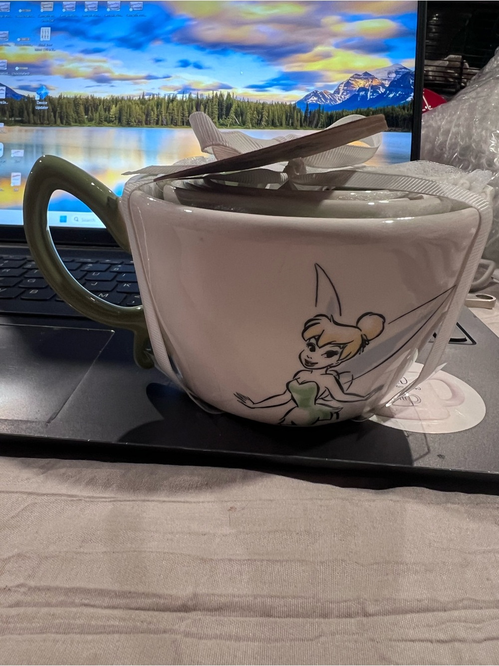 Rae Dunn White Ceramic Tinker Bell Mug with Green Handle
